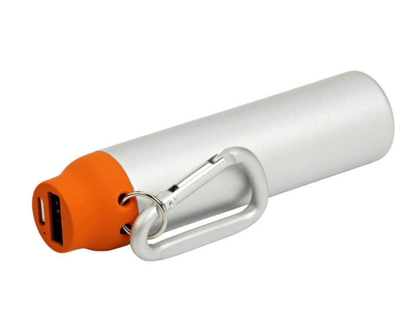 Power bank srebrno-pomarańczowy z karabińczykiem i logo