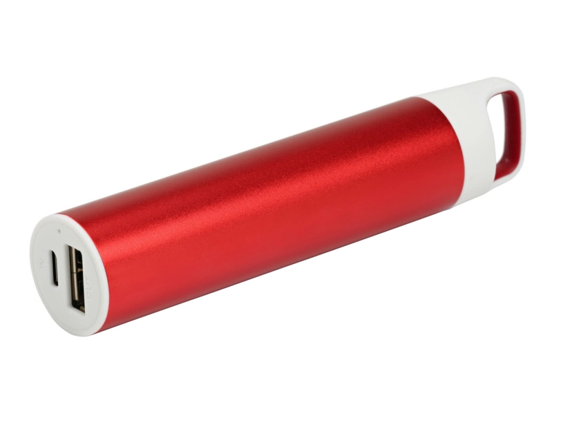 Czerwony powerbank metalowy z grawerem i LED, z uchwytem