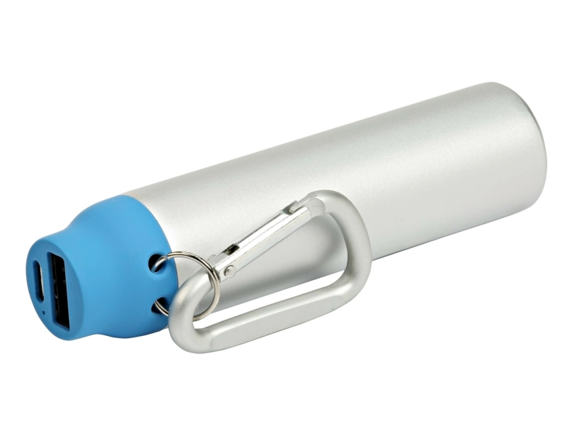 Power bank niebieski z karabińczykiem i logo firmy