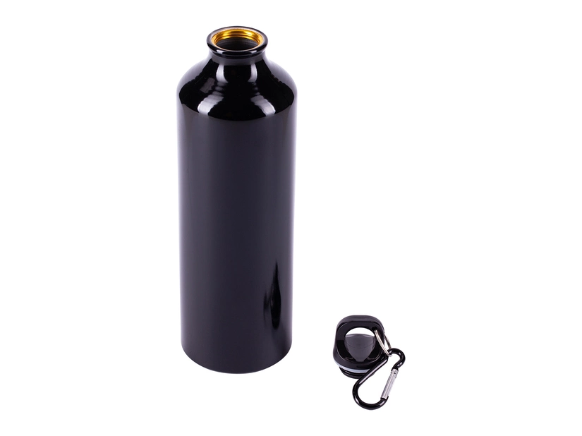 Czarny bidon aluminiowy 800 ml z logo i karabińczykiem