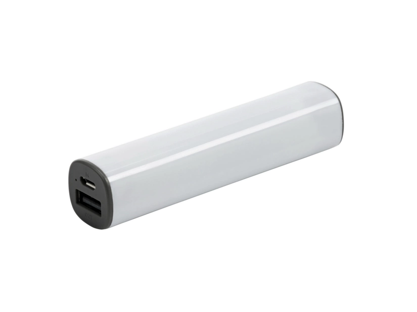 Biały power bank plastikowy z nadrukiem logo firmy 2200-3000 mAh