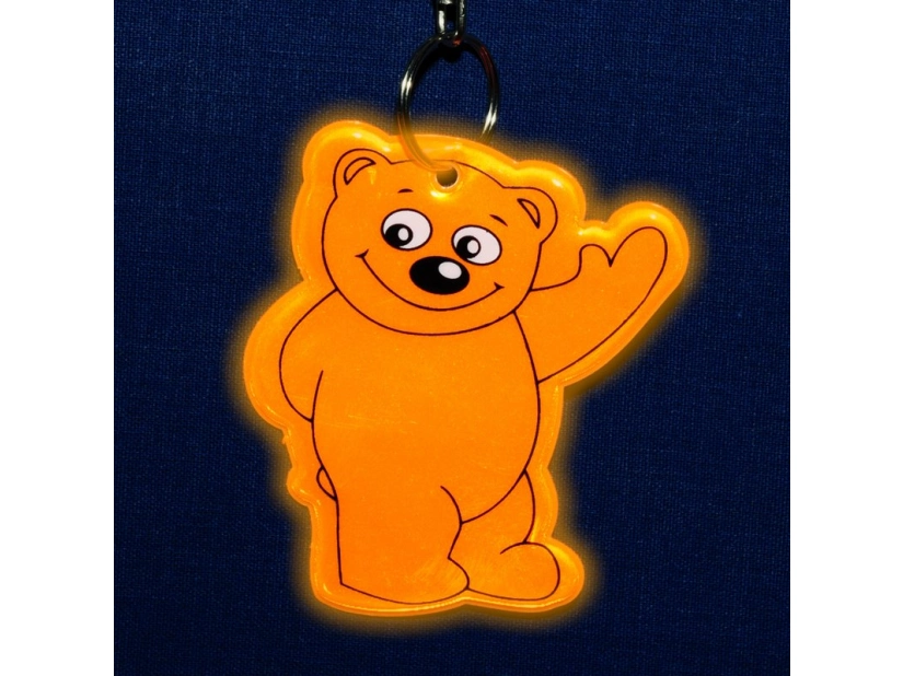 Pomarańczowy brelok odblaskowy miś z nadrukiem logo