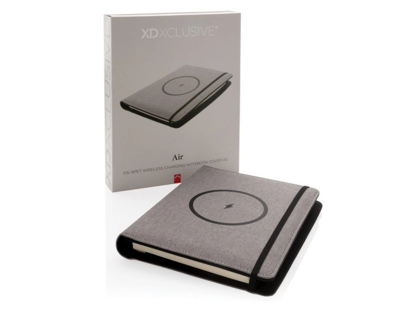 Szara teczka RPET z powerbankiem 5000 mAh i miejscem na logo