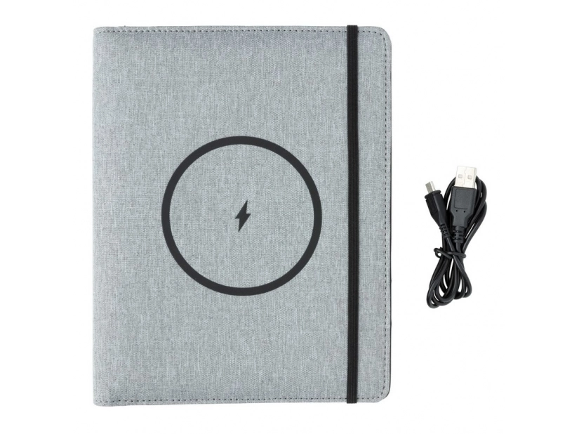 Szara teczka RPET z powerbankiem 5000 mAh i miejscem na logo