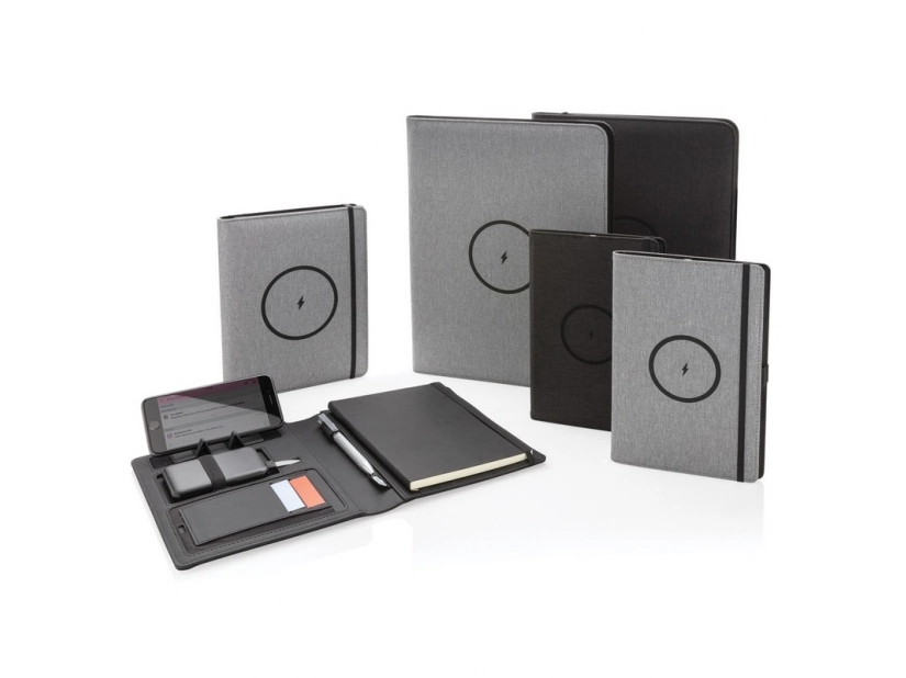 Szara teczka RPET z powerbankiem 5000 mAh i miejscem na logo