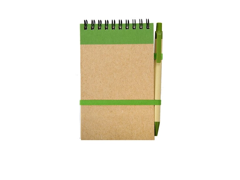 Notes Kraft 90x140/70k gładki z długopisem, zielony/beżowy 