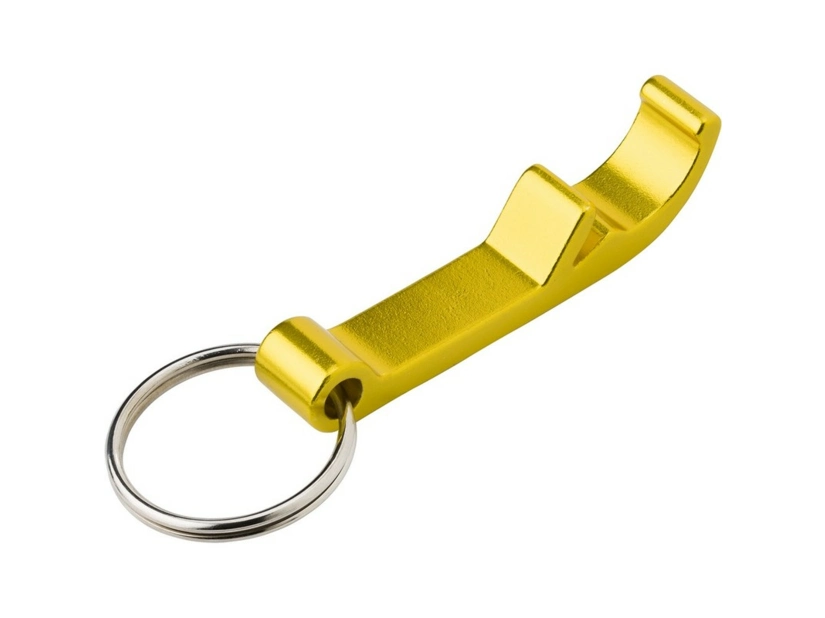Złoty brelok aluminiowy z otwieraczem i logo firmy