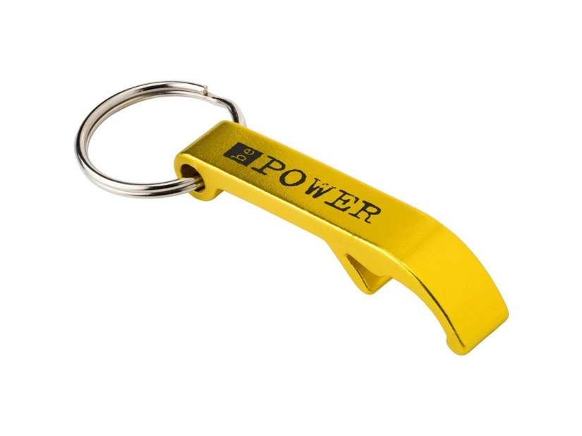 Złoty brelok aluminiowy z otwieraczem i logo firmy