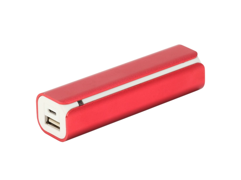 Czerwony powerbank metalowy z białym panelem i logo firmy