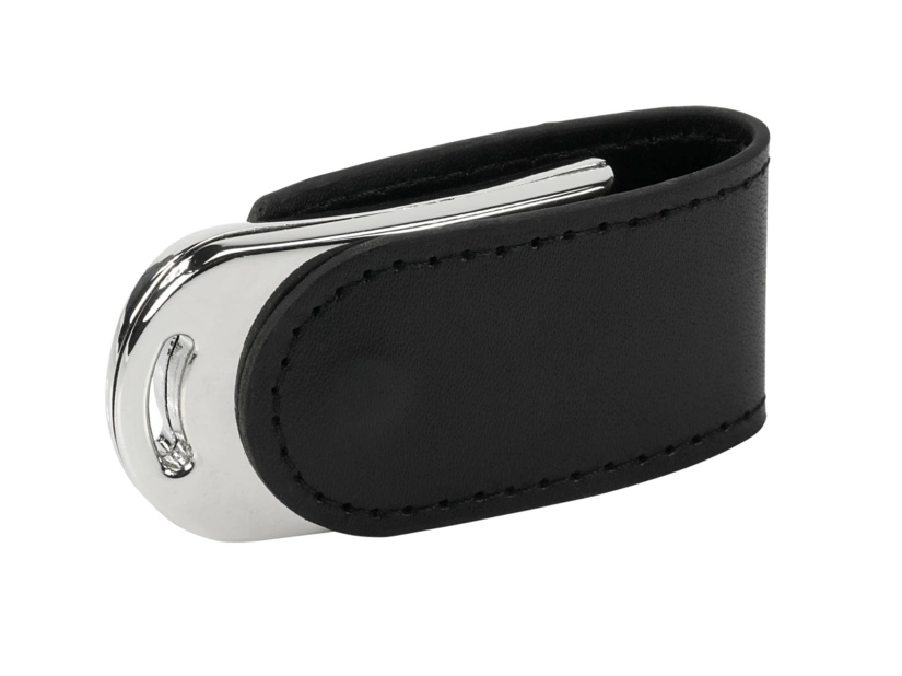 Czarny pendrive skórzany z metalem i klipsem na logo