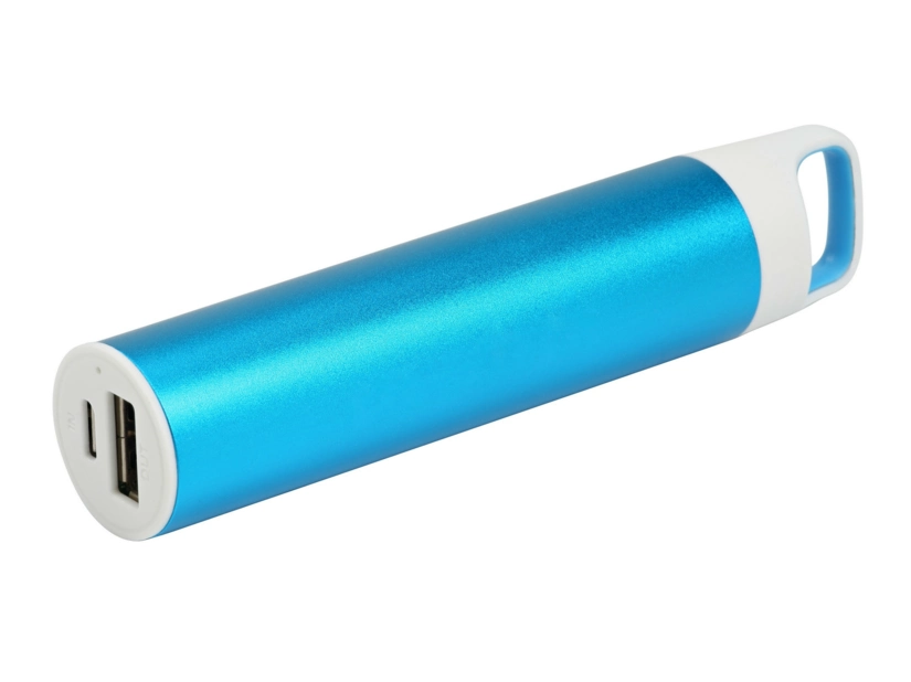 Metalowy power bank w okrągłym kształcie z wygodnym uchwytem- niebieski