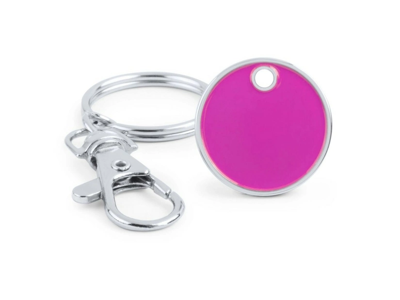Różowy brelok metalowy z żetonem do wózka i logo firmy