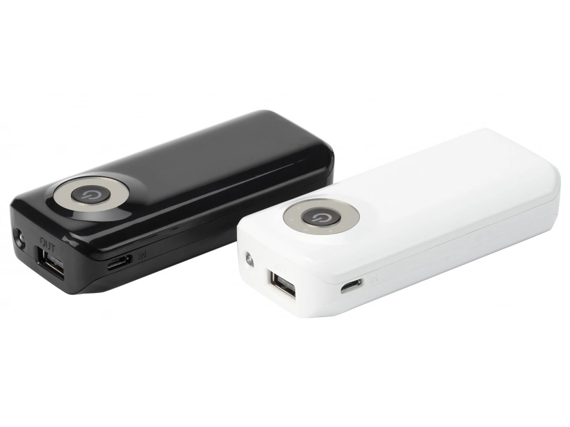 Czarny powerbank z latarką LED i miejscem na logo firmy