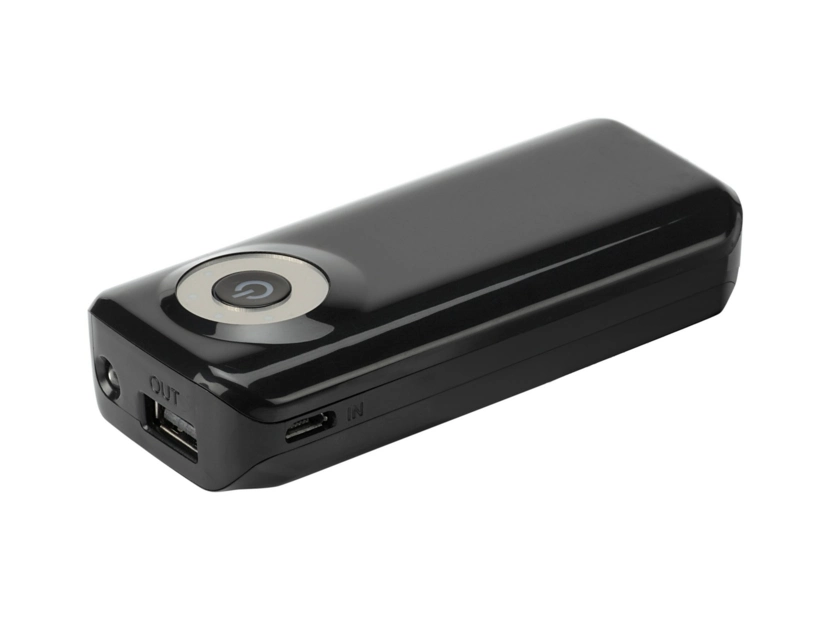 Czarny powerbank z latarką LED i miejscem na logo firmy