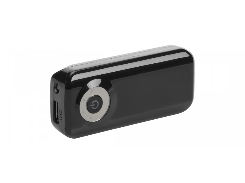 Czarny powerbank z latarką LED i miejscem na logo firmy