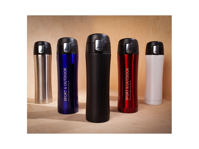 Biały kubek termiczny z ustnikiem Secure 400 ml z logo – stal 18/8