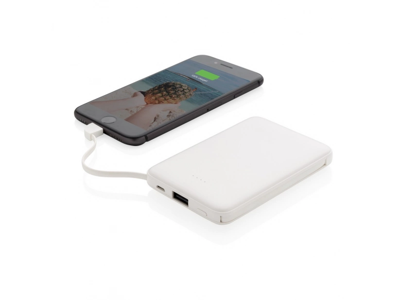 Biały power bank 5000 mAh, z zintegrowanym kablem 3 w 1