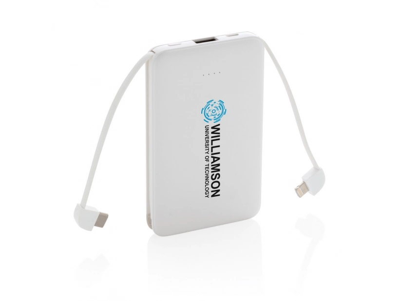 Biały power bank 5000 mAh, z zintegrowanym kablem 3 w 1