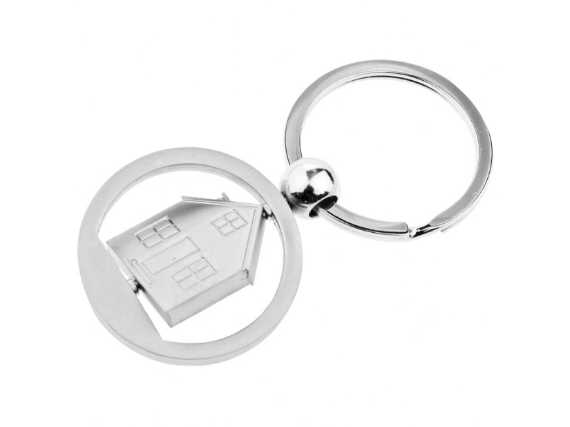 Brelok metalowy domek srebrny z grawerem w pudełku