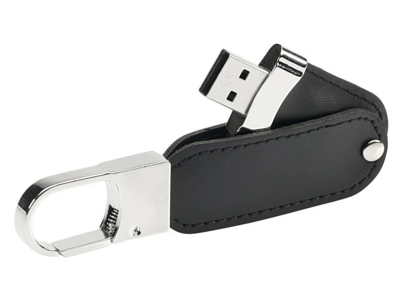 Czarny pendrive skórzany z karabińczykiem i logo firmy