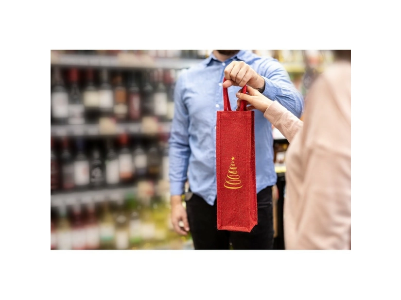 Jutowa torba na butelkę, czerwona