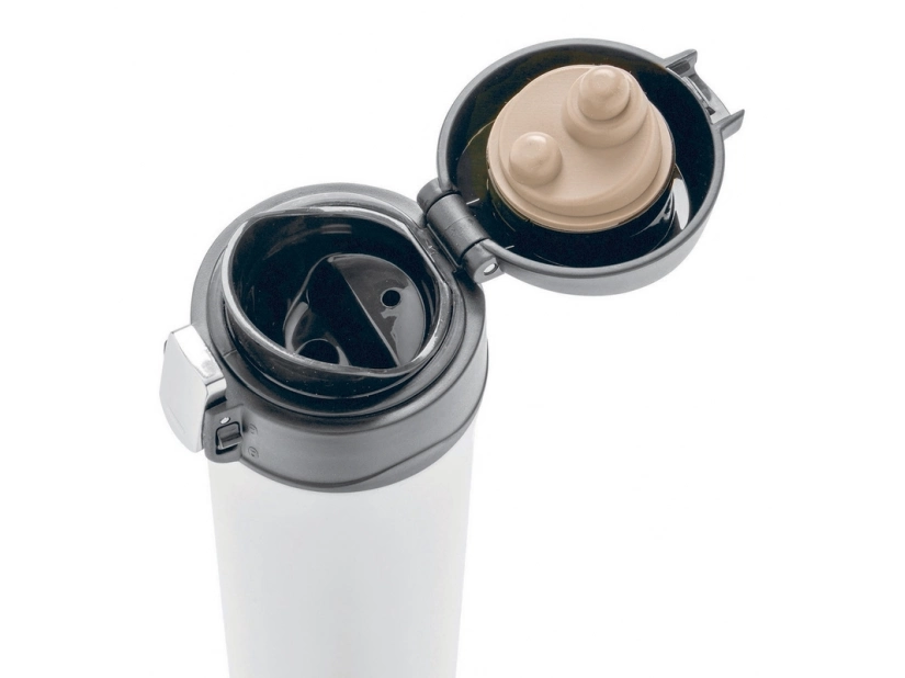 Biały kubek termiczny 300 ml z logo, stal nierdzewna, leakproof