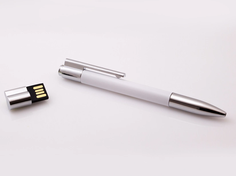 Biały długopis metalowy z pendrive USB i logo firmy