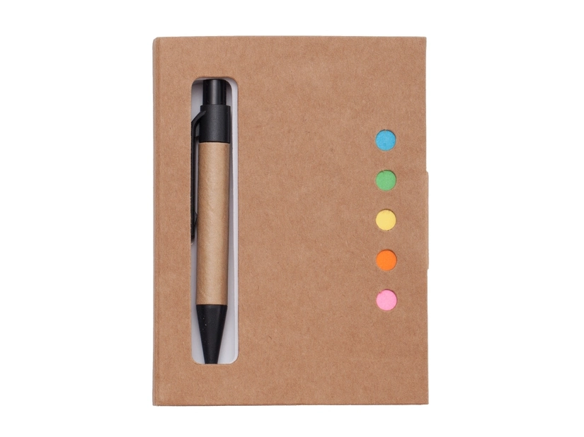 Beżowy notes 80x110 mm z logo i długopisem – wersja mini