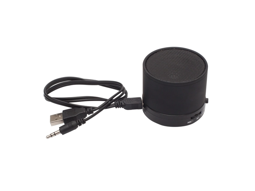 Czarny głośnik reklamowy Partybeat z radiem FM, nadruk logo firmy