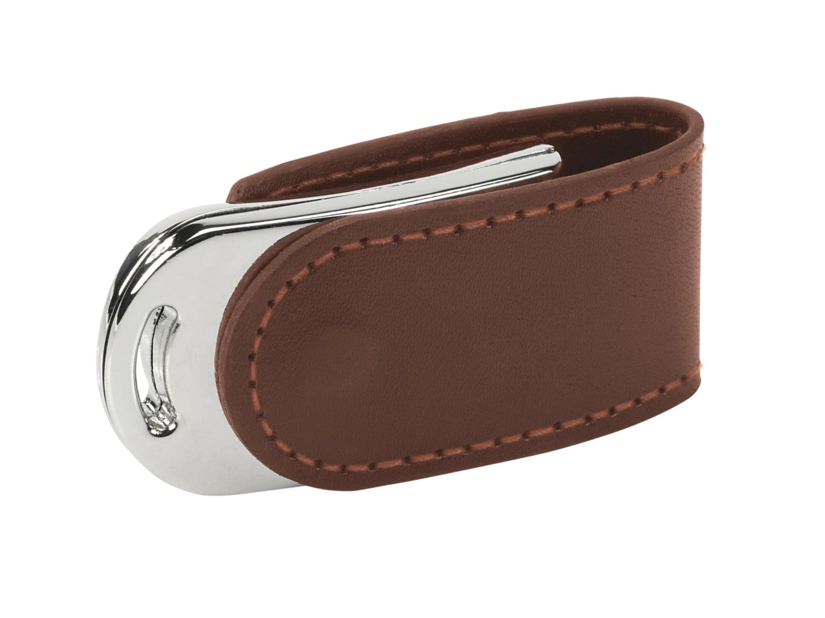 Brązowy pendrive skórzany z logo – ekoskóra i srebrny metal