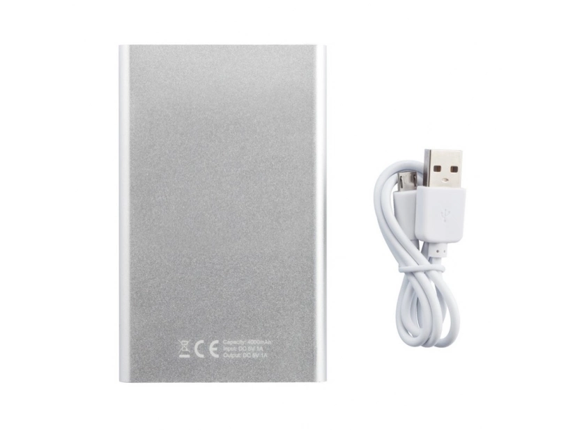 Srebrny power bank 4000 mAh z grawerem logo – aluminium