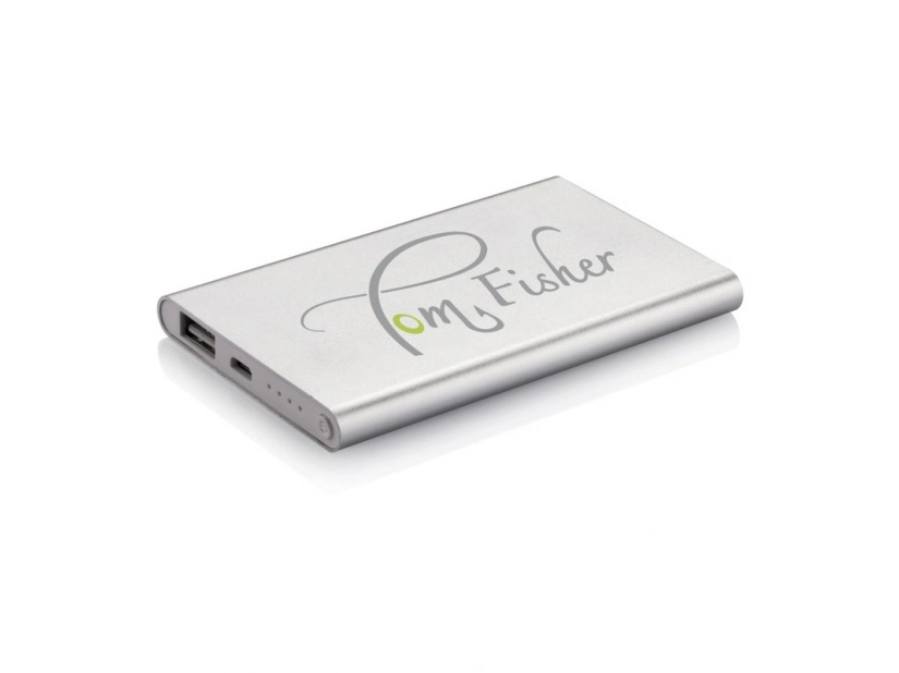 Srebrny power bank 4000 mAh z grawerem logo – aluminium