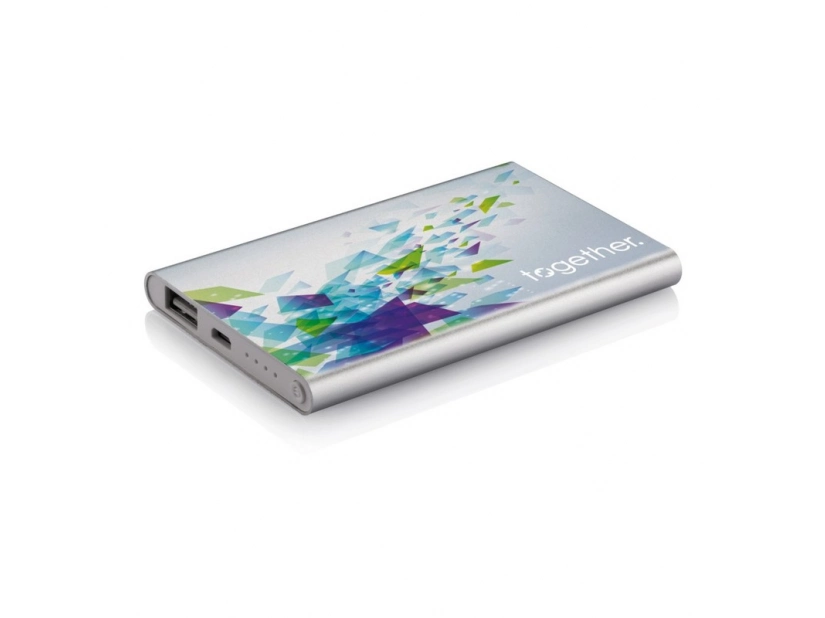 Srebrny power bank 4000 mAh z grawerem logo – aluminium