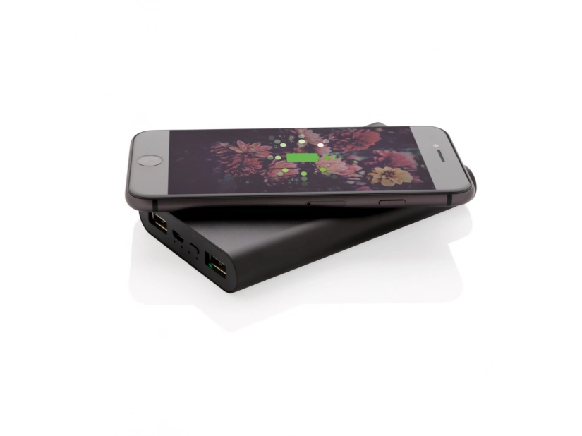 Czarny powerbank bezprzewodowy @ 10000mAh z logo – aluminium