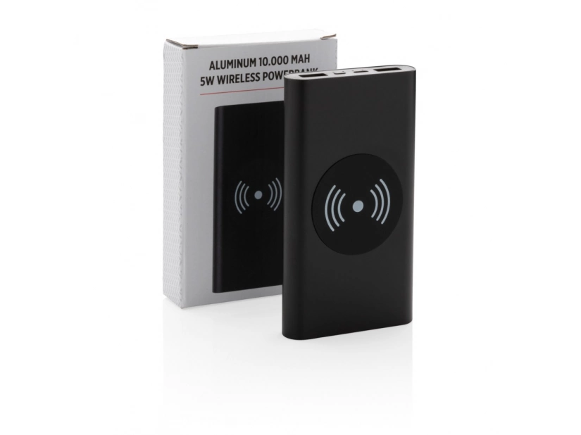 Czarny powerbank bezprzewodowy @ 10000mAh z logo – aluminium