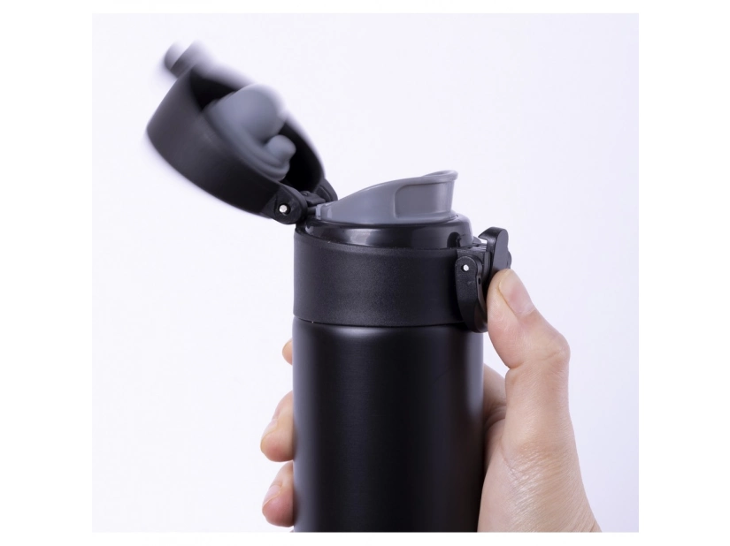 Czarny kubek termiczny 330 ml z logo i blokadą, stal nierdzewna