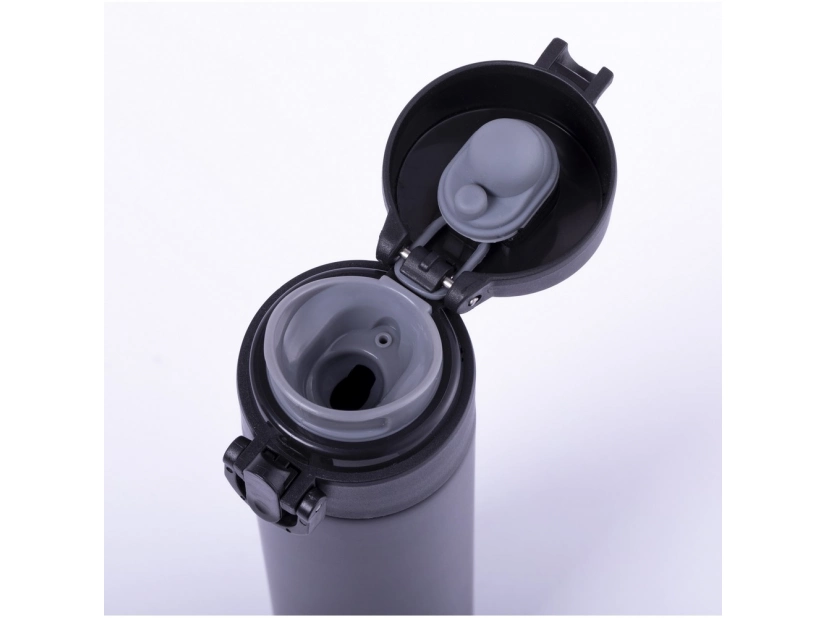 Czarny kubek termiczny 330 ml z logo i blokadą, stal nierdzewna