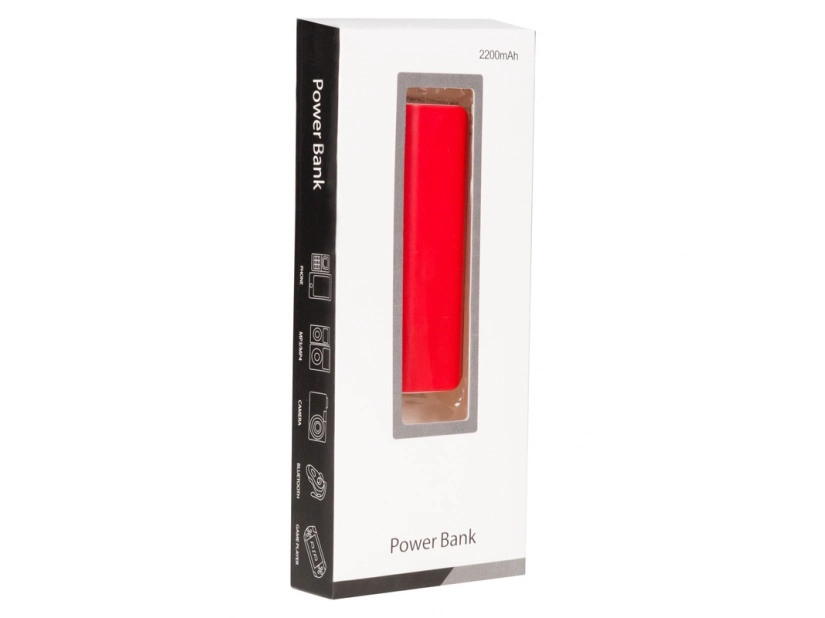 Czerwony power bank 2200 mAh z logo – matowy, firmowy