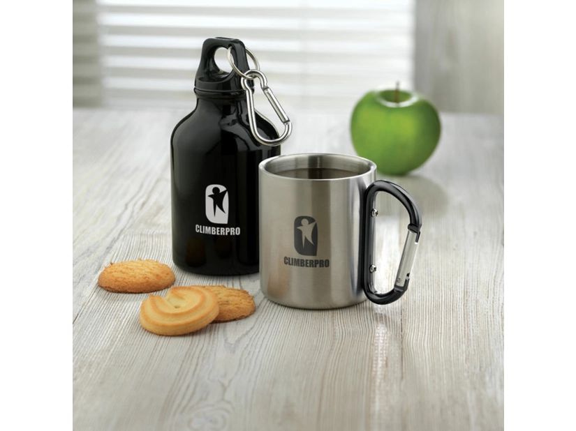 Metalowy kubek z czarnym karabińczykiem i grawerem 220 ml