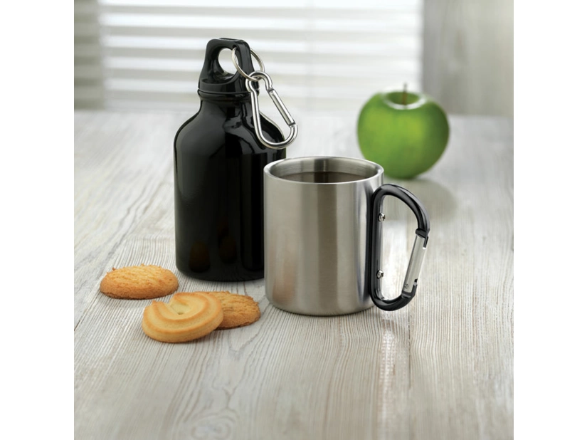 Metalowy kubek z czarnym karabińczykiem i grawerem 220 ml