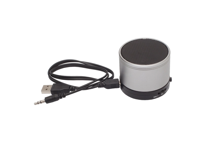 Srebrny głośnik reklamowy Partybeat z radiem FM, nadruk logo firmy