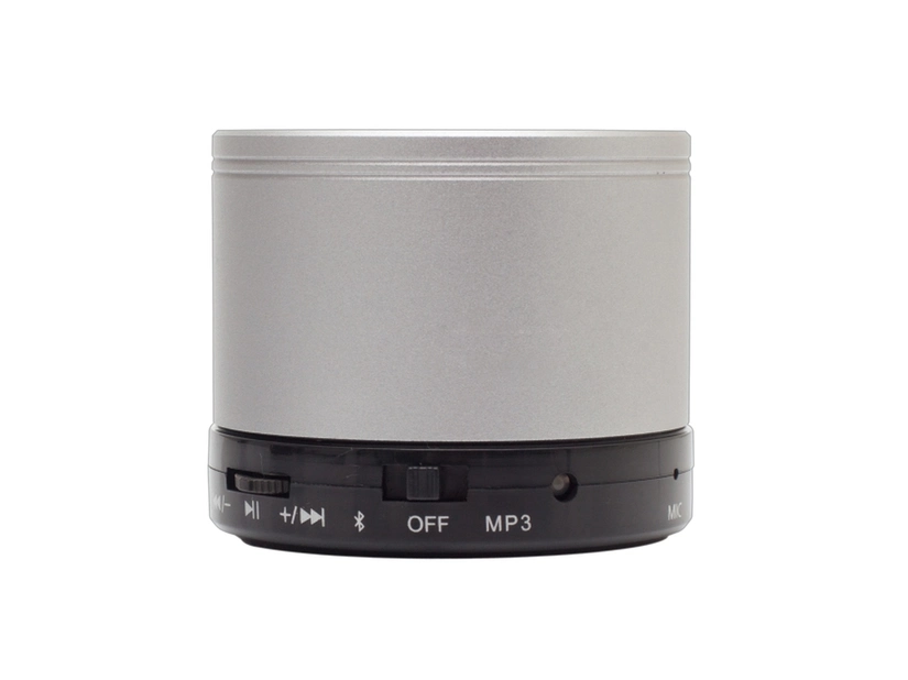 Srebrny głośnik reklamowy Partybeat z radiem FM, nadruk logo firmy