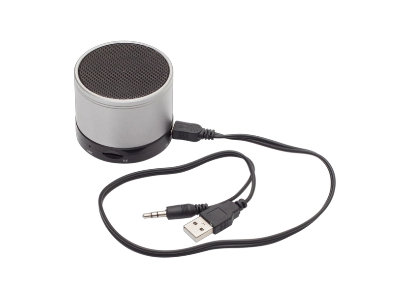 Srebrny głośnik reklamowy Partybeat z radiem FM, nadruk logo firmy