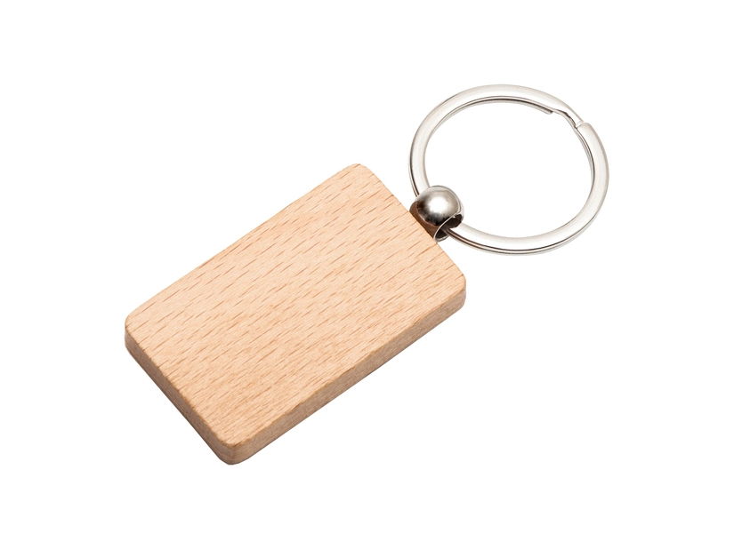Brązowy brelok drewniany Selva z grawerem i logo w pudełku