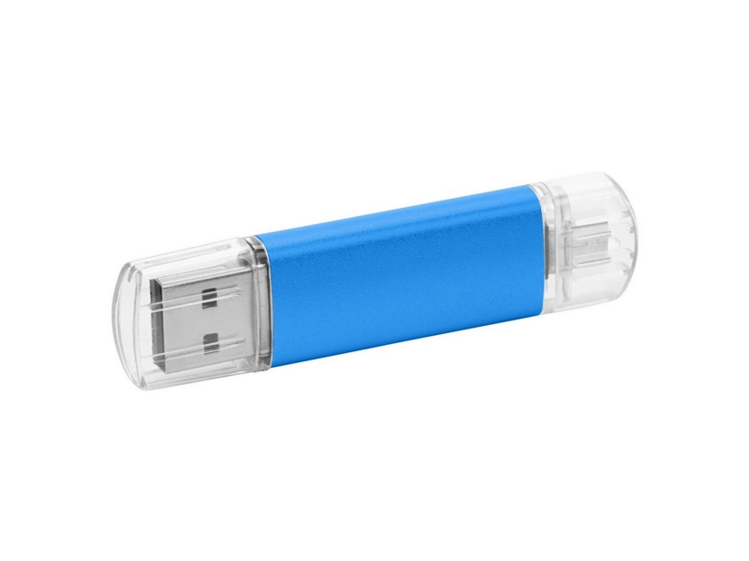 Pendrive USB C niebieski metalowy z transparentnymi nasadkami