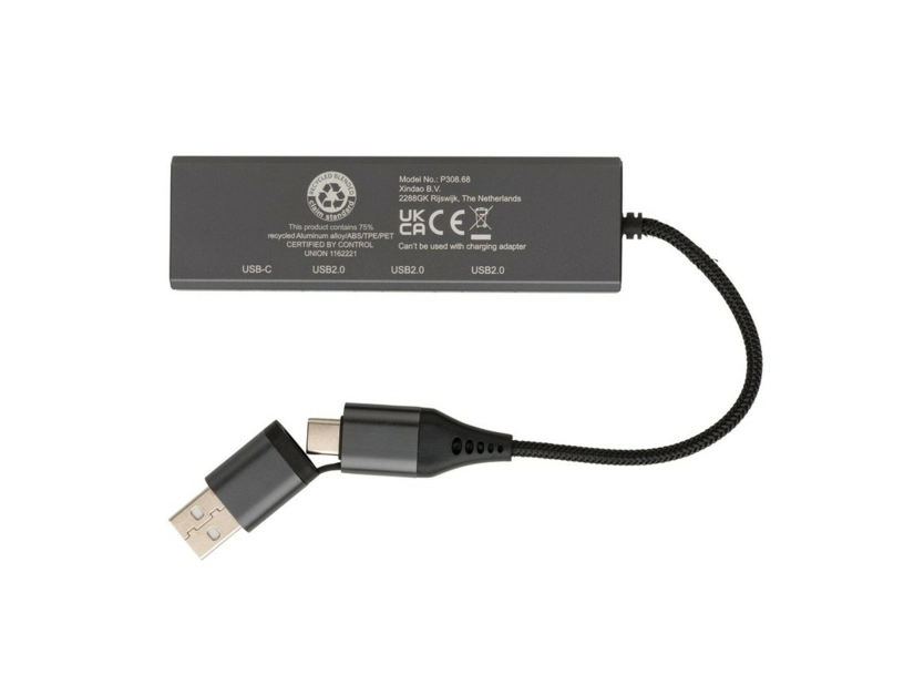 Hub USB 2.0 z USB C, aluminium z recyklingu