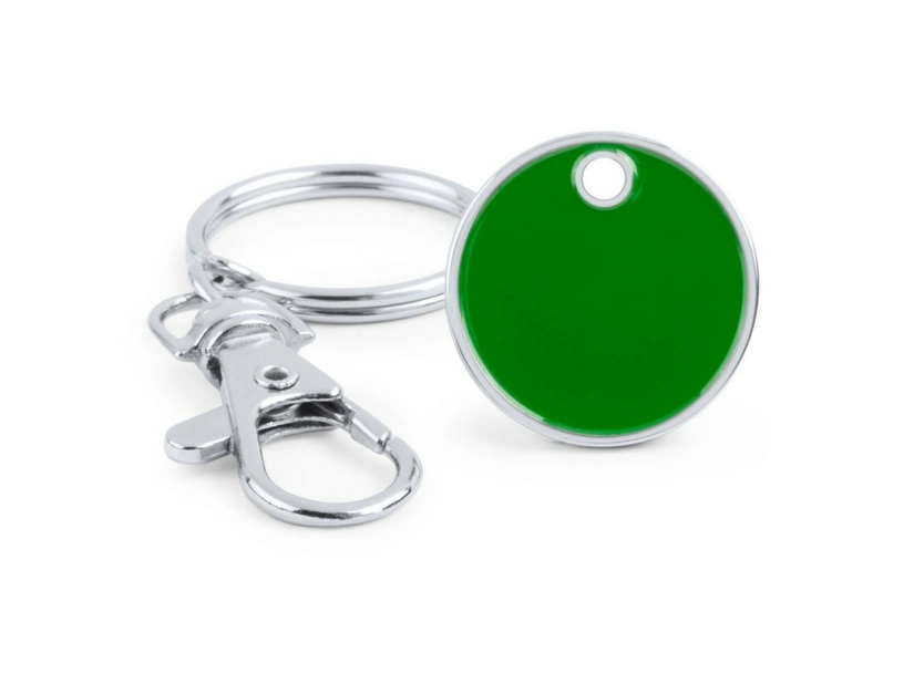 Zielony metalowy brelok z żetonem do wózka z logo