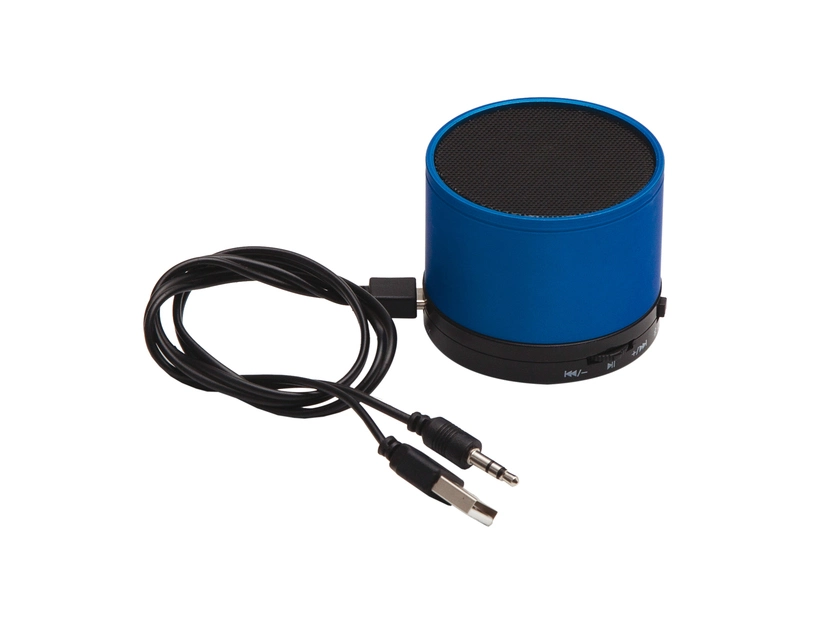 Niebieski głośnik reklamowy Partybeat z radiem FM, nadruk logo firmy