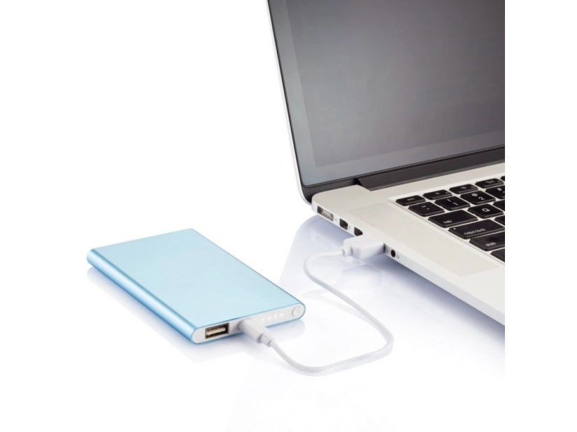 Niebieski power bank 4000 mAh z grawerem logo – aluminium