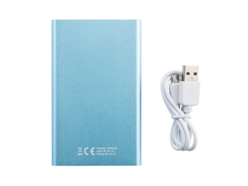 Niebieski power bank 4000 mAh z grawerem logo – aluminium